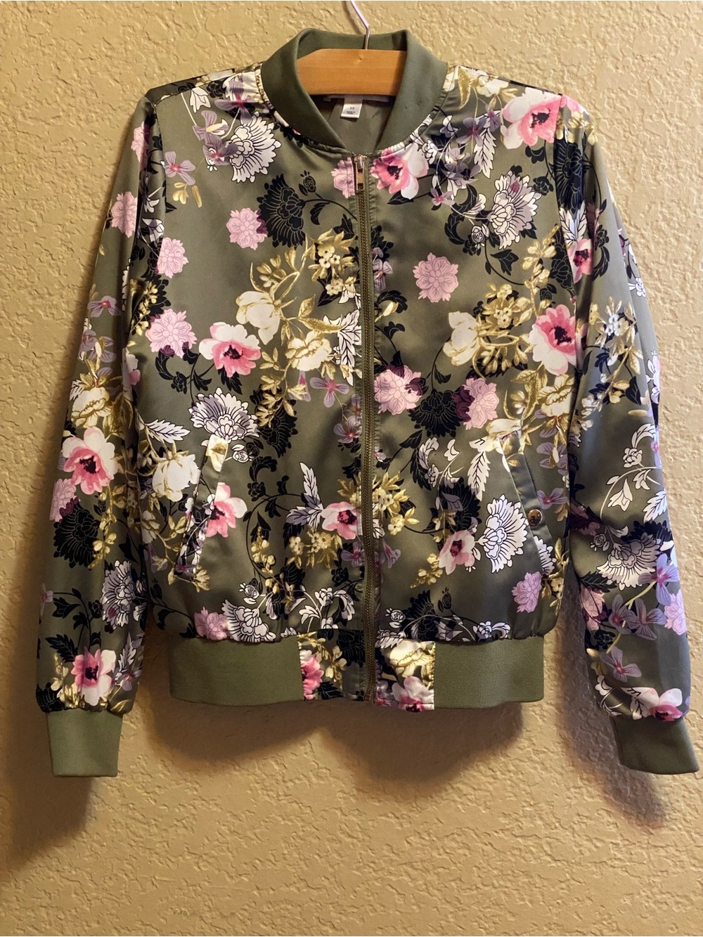 Say What? Olive Floral Bomber Jacket with Pink & White Flowers